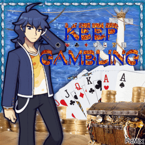 a man is standing in front of a treasure chest and playing cards with the words keep gambling