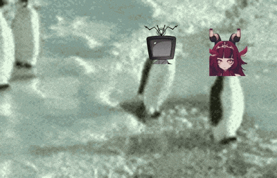 a penguin with a tv on its head and a penguin with a girl on its head