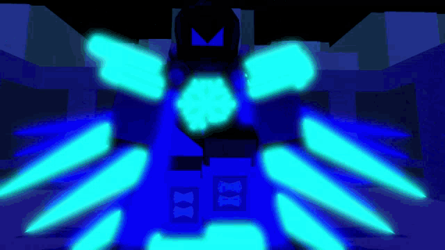 a blue robot with a glowing snowflake in the center