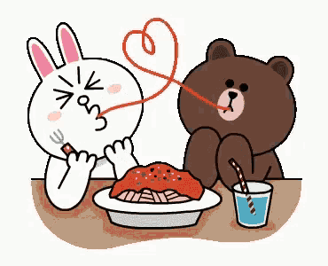 a brown bear and a white rabbit are sitting at a table eating spaghetti and drinking water .