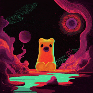 a gummy bear sits in a dark cave with a purple circle in the background