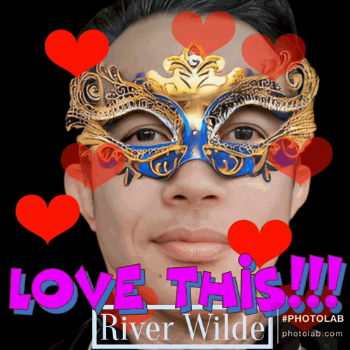 a man wearing a masquerade mask with the words love this river wilde
