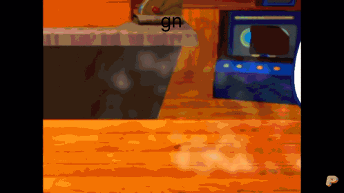 a cartoon drawing of a kitchen with the word gn on the counter top