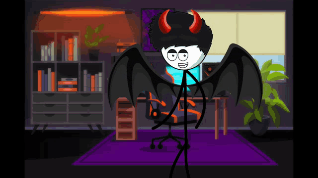 a stick figure with horns and wings is standing in a dark room