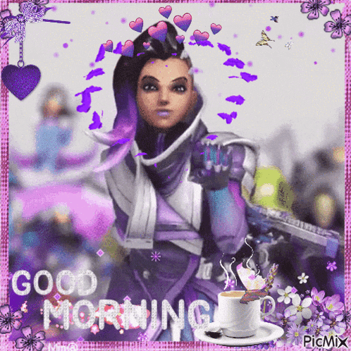 a picture of sombra from overwatch with a cup of coffee