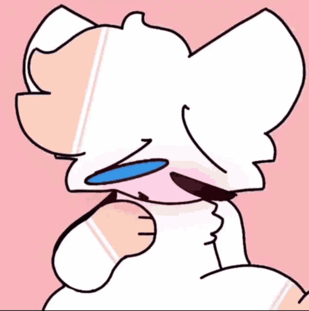 a cartoon drawing of a white cat with a blue eye covering its mouth .