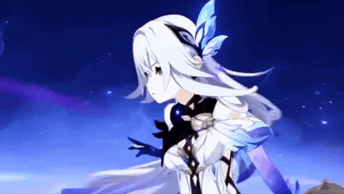 a girl with white hair and blue feathers in her hair is standing in front of a blue sky .