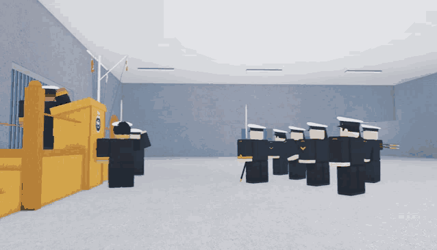a group of soldiers are standing in a room with a sign on the wall that says ' 00 '