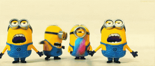 a group of minions standing next to each other with their mouths open .