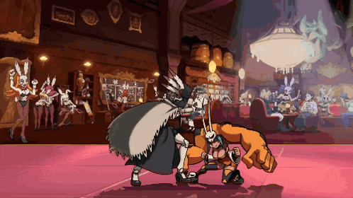 a cartoon drawing of a man and a woman fighting in a room