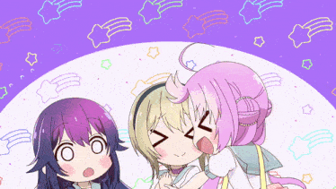 a cartoon of three girls with a purple background with stars