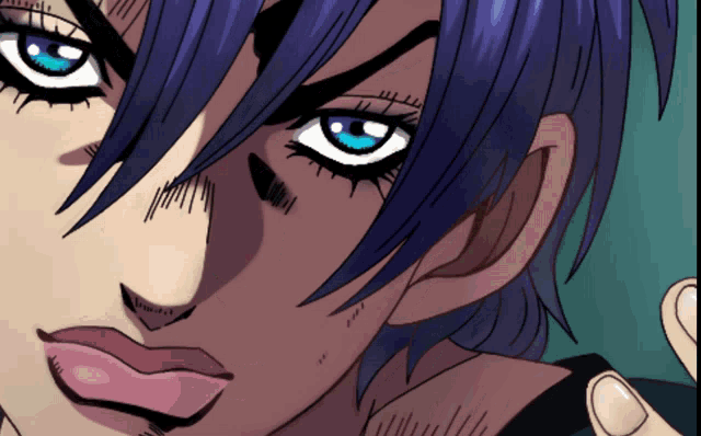 a close up of a cartoon character 's face with blue eyes