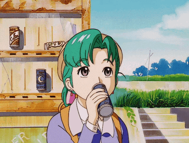 a girl with green hair is drinking from a can in front of a vending machine that sells caffeine