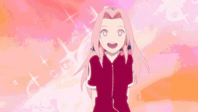 a girl with pink hair and green eyes is smiling with her mouth open