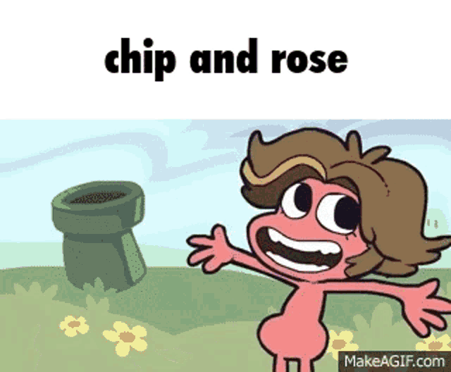 a cartoon character is standing in front of a pipe that says chip and rose on it .