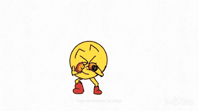 a cartoon of a pac man holding a microphone and dancing .