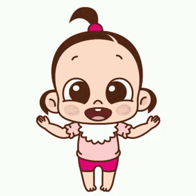 a cartoon baby girl is wearing a pink shirt and pink shorts and has her arms outstretched .