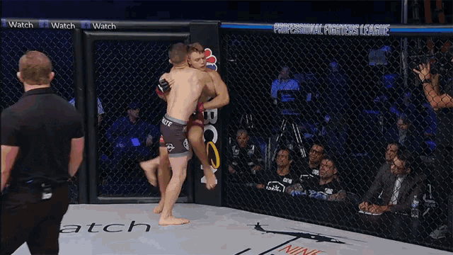 two fighters in a cage with a sign that says professional fighters league on it
