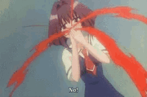 a girl in a school uniform is being attacked by red ribbons and says no !