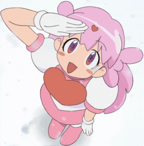 a little girl with pink hair and a heart on her chest