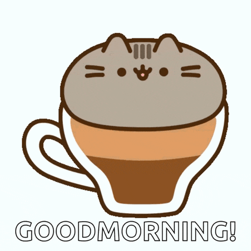 a cartoon of a cat in a cup of coffee with the words good morning below it