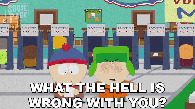 two south park characters are standing in front of voting booths and a sign that says " what the hell is wrong with you "