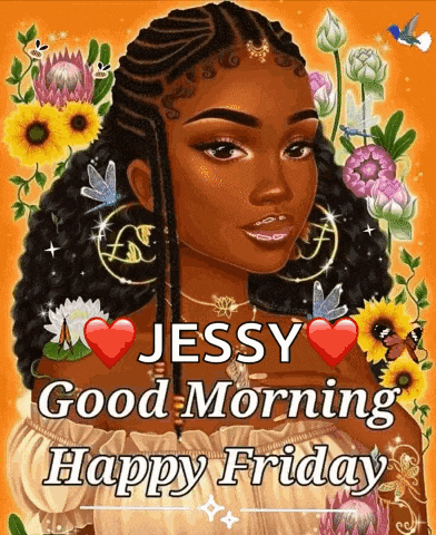 a woman is surrounded by flowers and hearts and says jessy good morning happy friday .