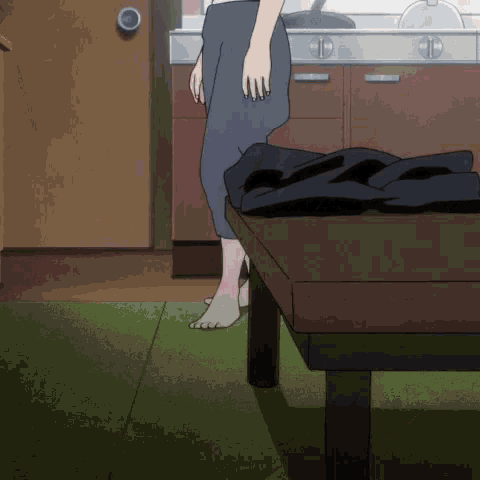 a cartoon of a person standing on a table with their feet bare