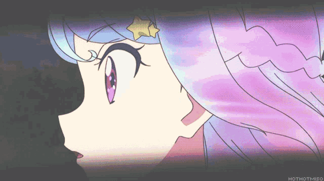 a drawing of a girl with purple eyes and a star on her head