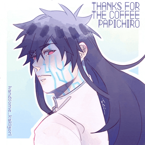 a drawing of a man with long hair and the words thanks for the coffee papihiro on the bottom