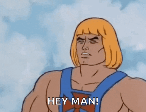 he man from the masters of the universe is saying hey man !