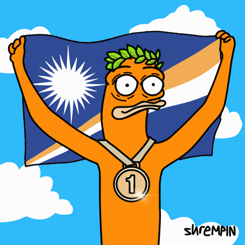 a cartoon character holding a flag and a medal with the number one on it
