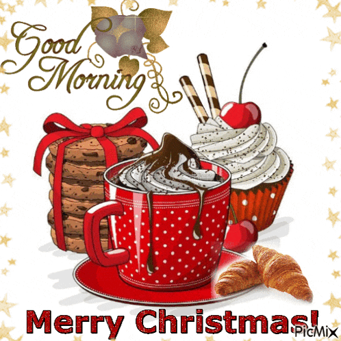 a merry christmas card with a cup of coffee