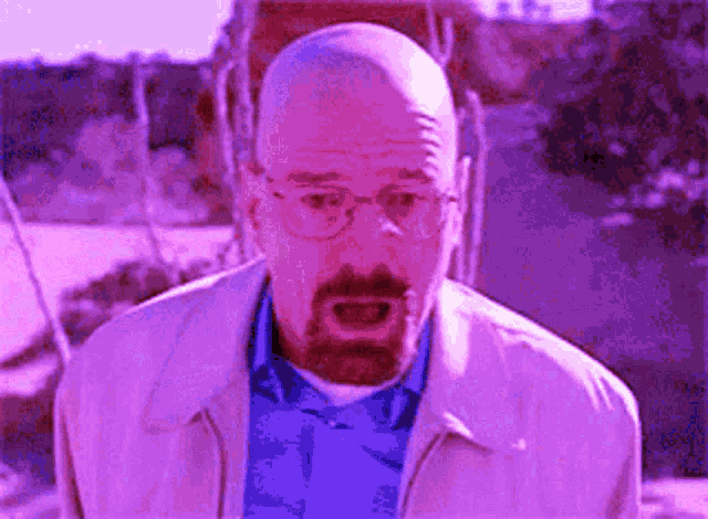 a bald man with glasses and a beard is wearing a purple jacket and a blue shirt .