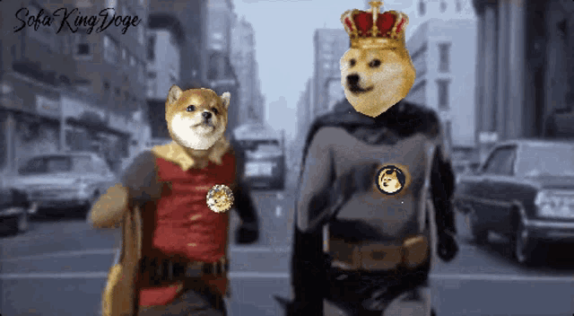 a doge wearing a crown and a cape is walking next to another doge wearing a cape