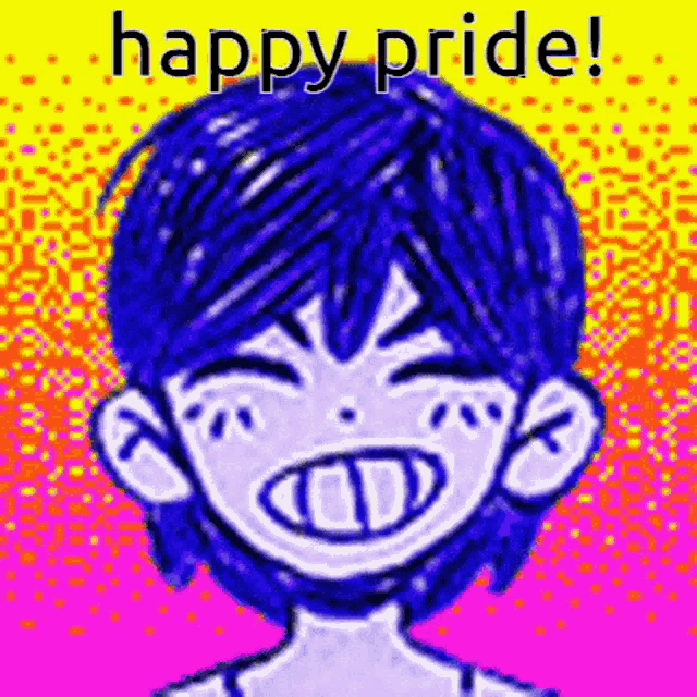 a drawing of a boy with blue hair and the words `` happy pride '' written on it .