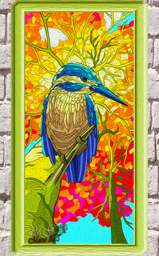 a colorful painting of a bird in a frame