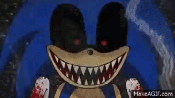 a cartoon character with a large mouth and sharp teeth is holding a bloody hand .