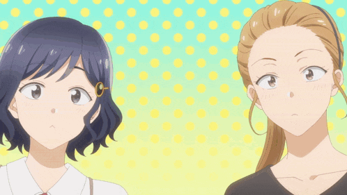 a cartoon drawing of three women standing next to each other with their eyes closed