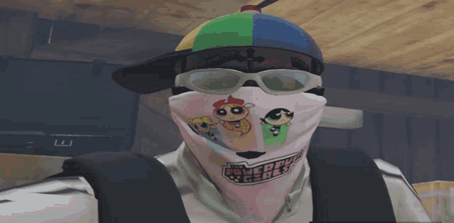 a person wearing a bandana with the words powerpuff girls on it