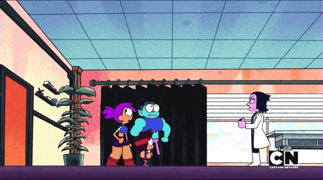 three cartoon characters are standing in a room with the cn logo on the bottom right