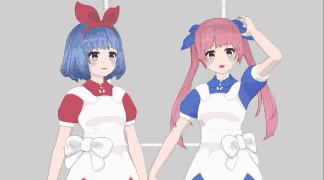 two anime girls are standing next to each other in front of a sign that says ' 筋肉 ボイス '