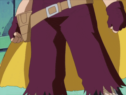 a cartoon character is wearing purple pants and a belt with a square buckle
