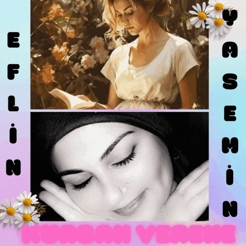 a picture of a woman reading a book and a picture of a woman with closed eyes