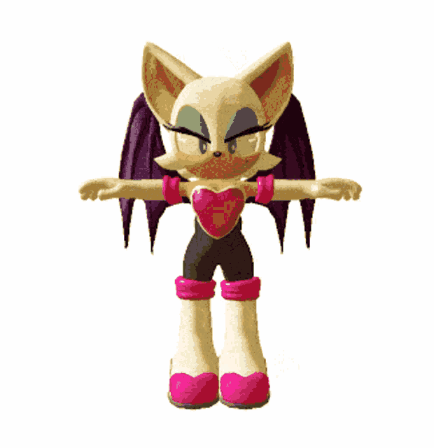 a cartoon character with purple wings is standing on a white surface