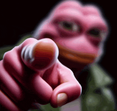 a pink frog pointing at the camera with a black background