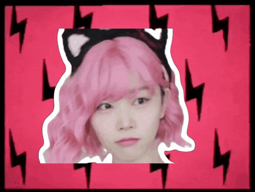 a girl with pink hair and a cat ear headband is surrounded by lightning bolts
