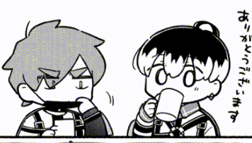 a black and white drawing of a boy and a girl drinking coffee