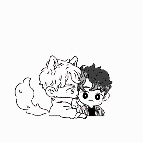 a black and white drawing of a man hugging a dog with hearts around them .