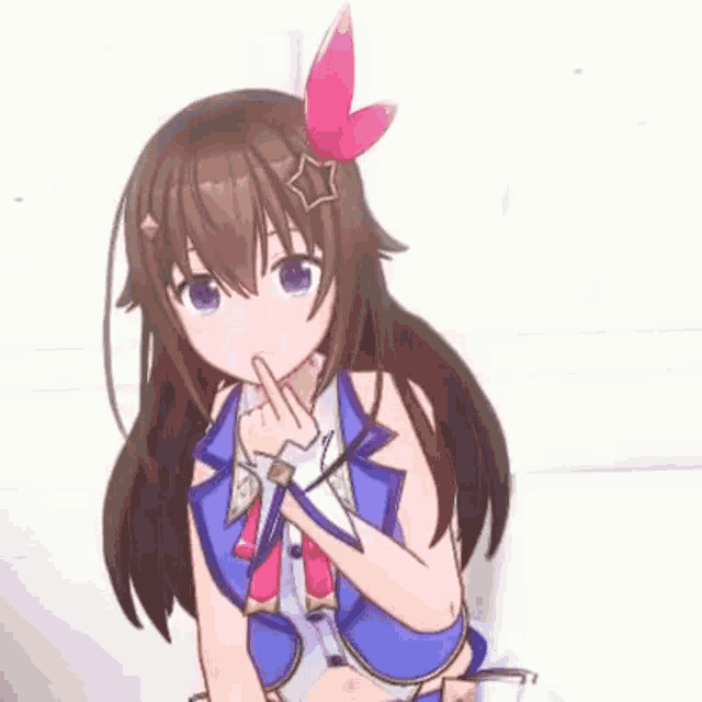 a brown haired anime girl with a pink flower in her hair is sitting on a couch and giving the middle finger .